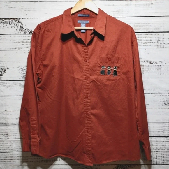 Mountain Lake Button Shirt Orange Black Cats size Large Fall Halloween - Picture 1 of 4